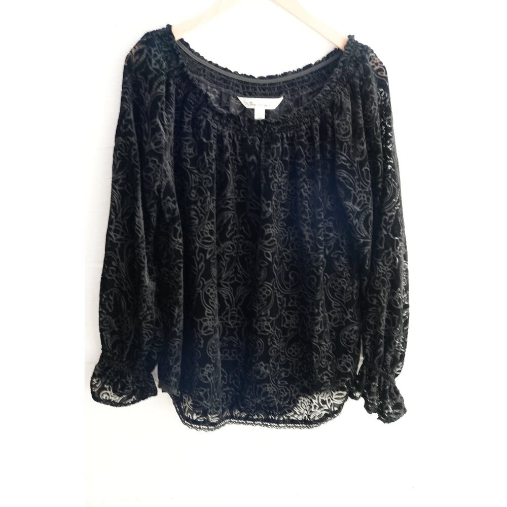 Tantrums Black Velvet Floral Burnout Off-Shoulder Top with Lace Trim Size Medium